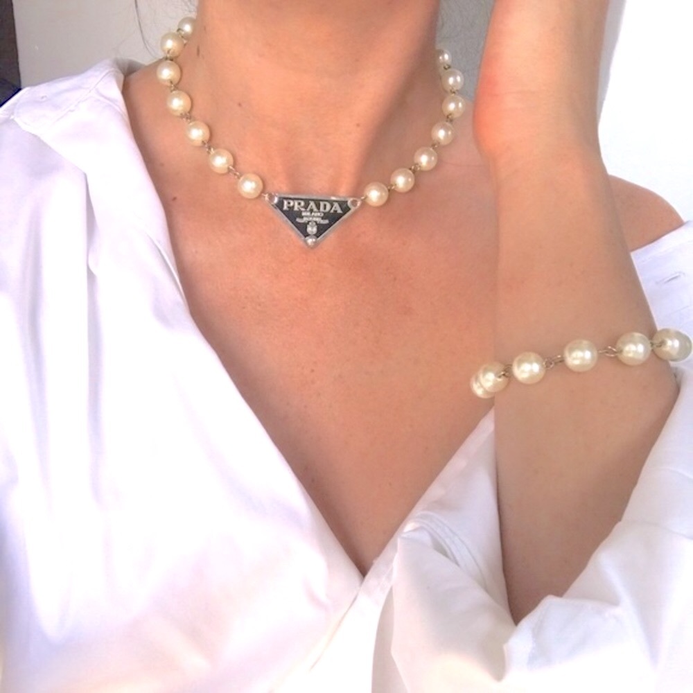Prada Silver Pendant Vintage Pearl Bead Reworked Necklace & Matching Bracelet
